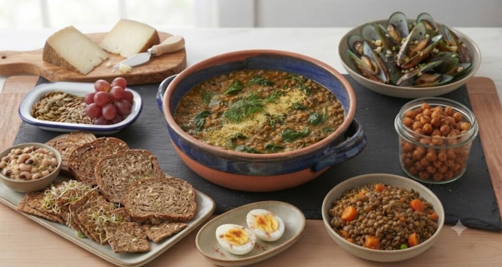 Zinc-rich foods for pregnancy including lean beef, eggs, dairy, beans, lentils, nuts, seeds, and whole grains arranged in a healthy prenatal meal.