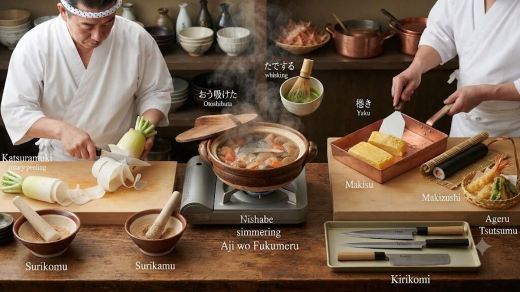 On the left, one chef performs Katsuramuki (rotary peeling) on a large daikon radish, with thin, translucent strips peeling off. Below him are two suribachi (mortars) with surikogi (pestles), labeled "Surikomu" and "Surikamu." In the center, a clay pot (donabe) is actively simmering fish and vegetables on a portable burner, with steam rising. It's labeled with "Nishibe" (simmering) and "Aji wo Fukumeru" (flavor absorption), and a small wooden drop-lid (otoshibuta) rests beside it.