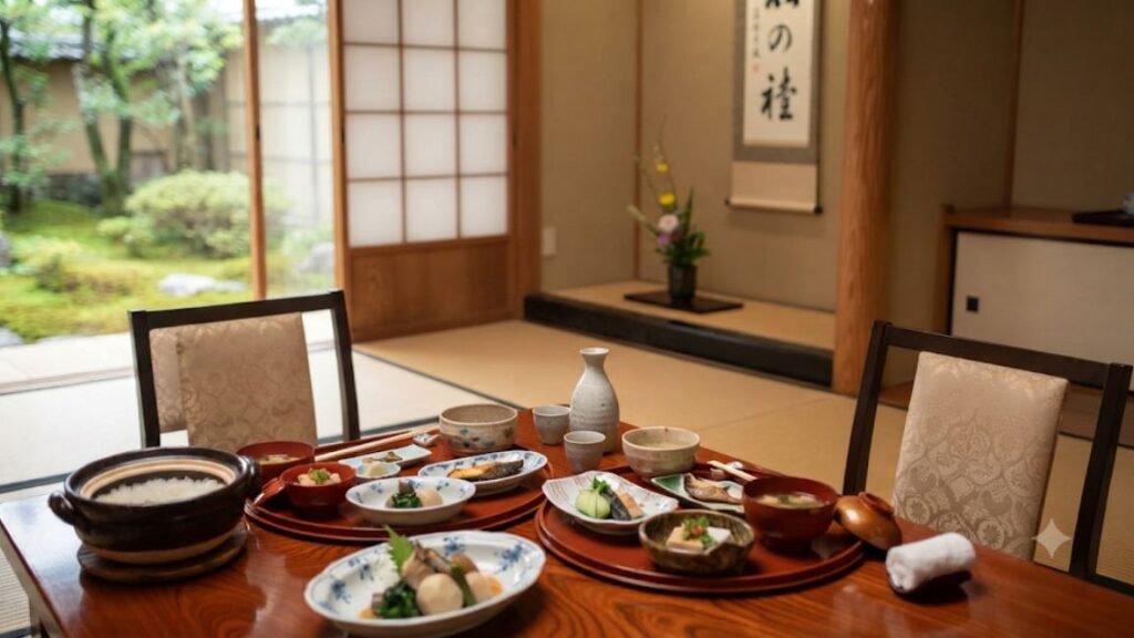 A traditional Japanese meal (Kaiseki) laid out on a wooden table, with a view of a serene moss garden through shoji screens in the background.