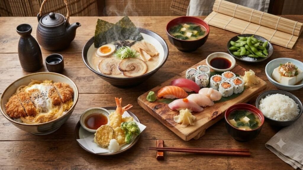 A beautifully arranged sushi platter — Alt text: "Traditional Japanese cuisine food sushi platter"