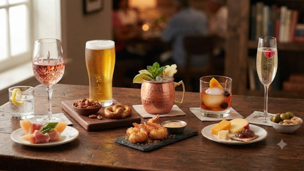 Mule with crispy coconut shrimp and dipping sauce; a rocks glass Old Fashioned cocktail with a plate of artisanal cheeses and fig jam; and a champagne flute with Prosecco and olives. The background is softly blurred, showing a warm, inviting restaurant interior with other diners, a window, and a bookshelf.