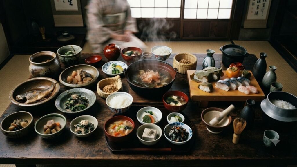 A traditional Japanese Washoku banquet spread is laid out on a dark, heavy wooden table in a traditional room with tatami flooring and shoji screens. The feast includes numerous steaming bowls of soups, stews, and rice, as well as assorted side dishes, pickled vegetables, simmered fish, and a wooden platter of pressed mackerel sushi and persimmon-leaf-wrapped sushi.