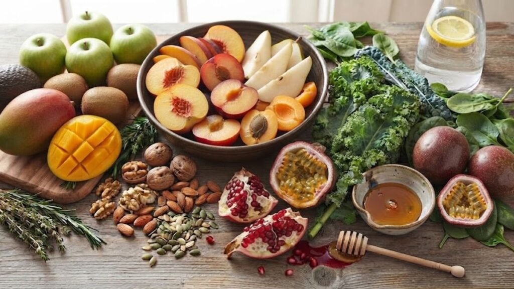 Foods for healthy skin including fruits, vegetables, nuts, seeds, and other nutrient-rich foods