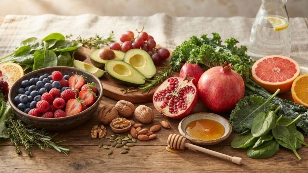 Foods for healthy skin including fruits, vegetables, nuts, seeds, and nutrient-rich foods