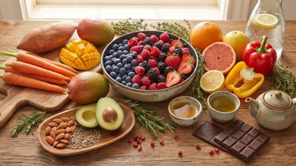 Foods rich in vitamins and antioxidants that support healthy, glowing skin