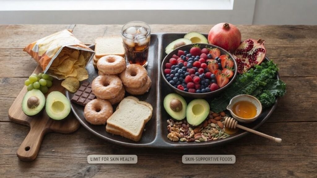 Foods to limit for better skin, including sugary, highly processed, and fried foods
