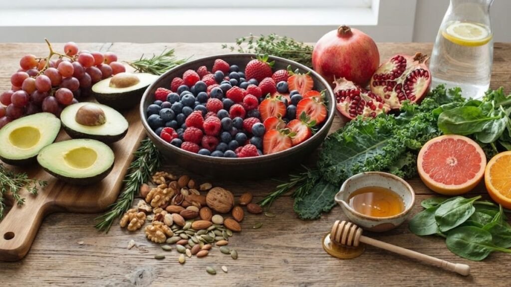 Hydrating foods for glowing skin including fresh fruits, vegetables, and water-rich foods