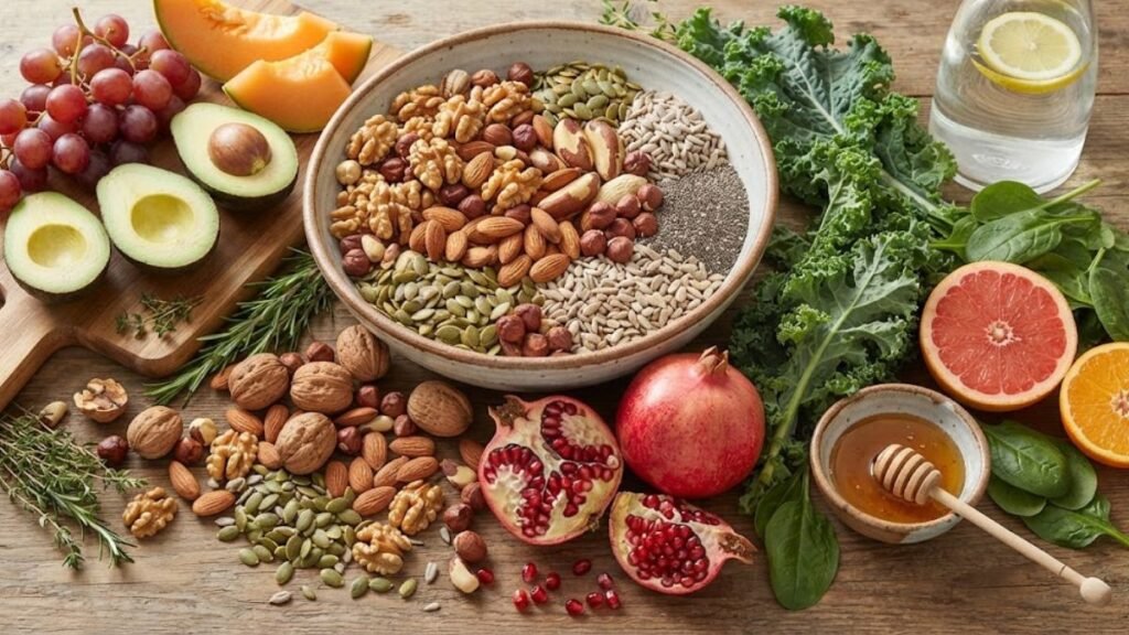 Nuts and seeds for skin health rich in healthy fats, vitamins, minerals, and antioxidants