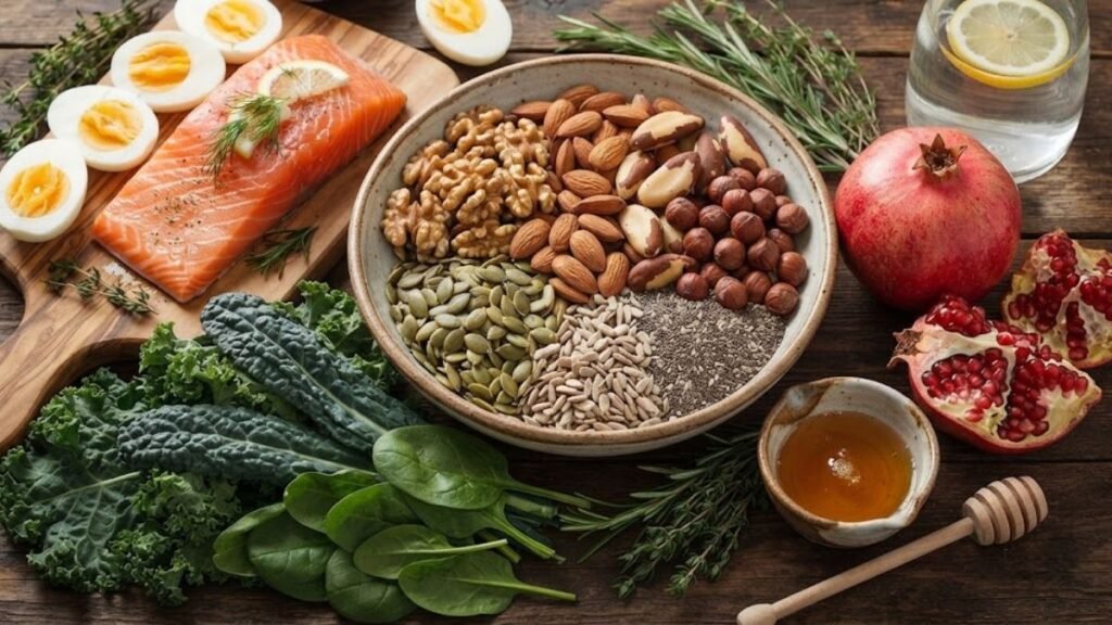 Protein-rich foods for healthy skin including eggs, fish, lean meat, beans, and dairy products